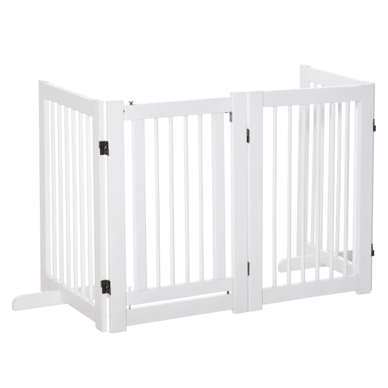 PawHut Freestanding Pet Gate 4 Panel Wooden Dog Barrier Folding Safety Fence with Support Feet Walkthrough Door up to 204cm Wide 75cm Tall for Doorway Stairs White