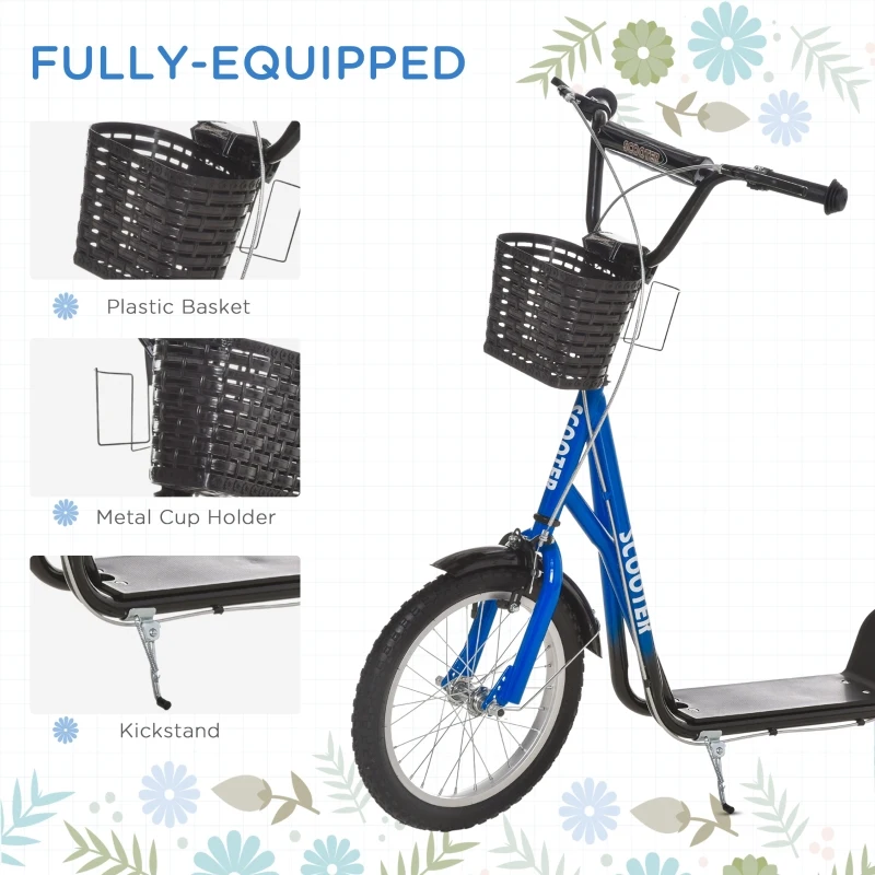 HOMCOM Kids Kick Scooter Teen Ride On Children Scooter with Adjustable Handlebar 2 Brakes Basket Cupholder Mudguard 16" Inflatable Rubber Tyres for 5-12 years old Blue