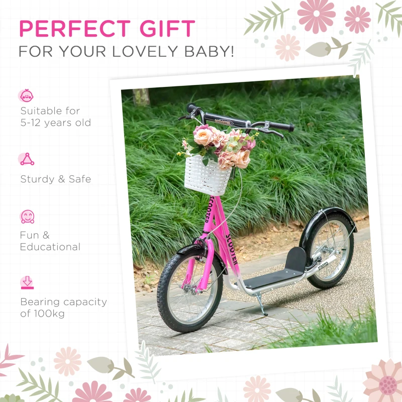 HOMCOM Kids Kick Scooter Teen Ride On Children Scooter with Adjustable Handlebar 2 Brakes Basket Cupholder Mudguard 16" Inflatable Rubber Tyres for 5-12 years old Pink
