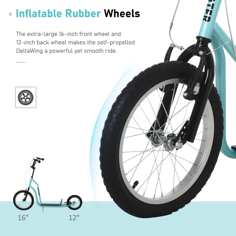 HOMCOM Youth Scooter Front and Rear Caliper Dual Brakes 16-Inch Inflatable Front Wheel Ride On Toy For Age 5+ Blue