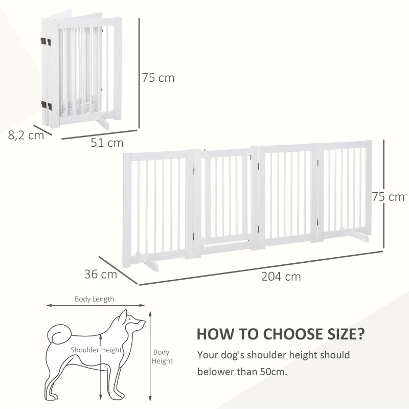 PawHut Freestanding Pet Gate 4 Panel Wooden Dog Barrier Folding Safety Fence with Support Feet Walkthrough Door up to 204cm Wide 75cm Tall for Doorway Stairs White