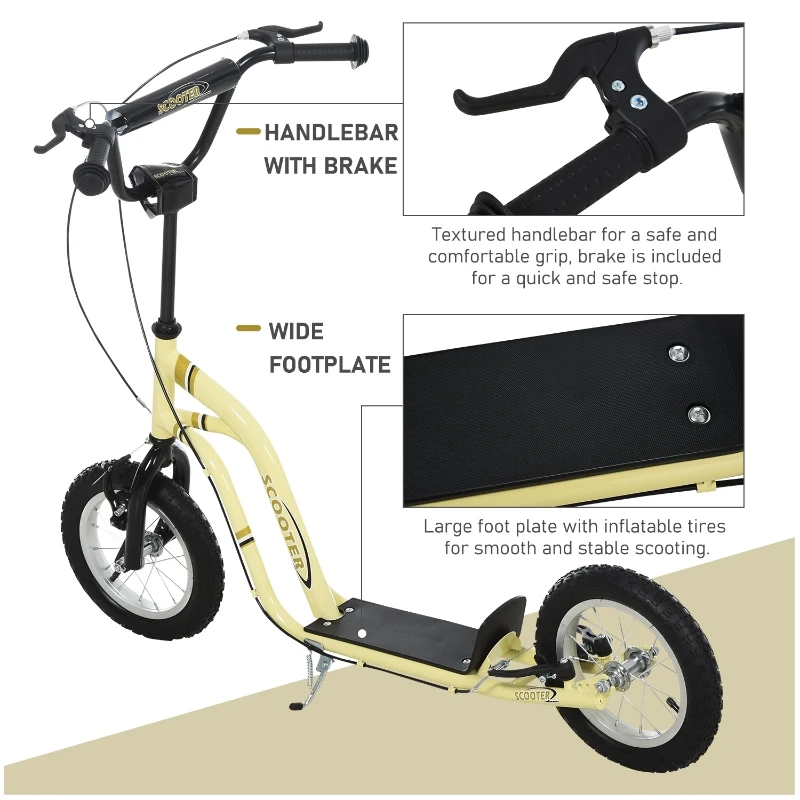HOMCOM Youth Scooter Front and Rear Caliper Dual Brakes 12-Inch Inflatable Front Wheel Ride On Toy For Age 5+ Beige