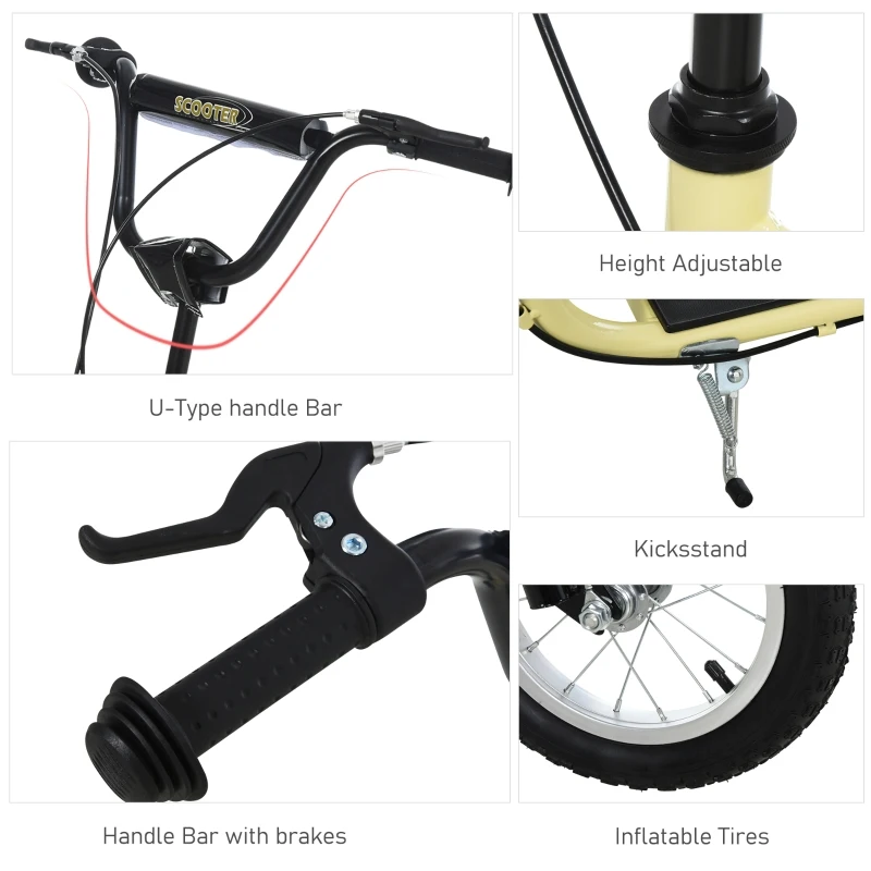 HOMCOM Youth Scooter Front and Rear Caliper Dual Brakes 12-Inch Inflatable Front Wheel Ride On Toy For Age 5+ Beige