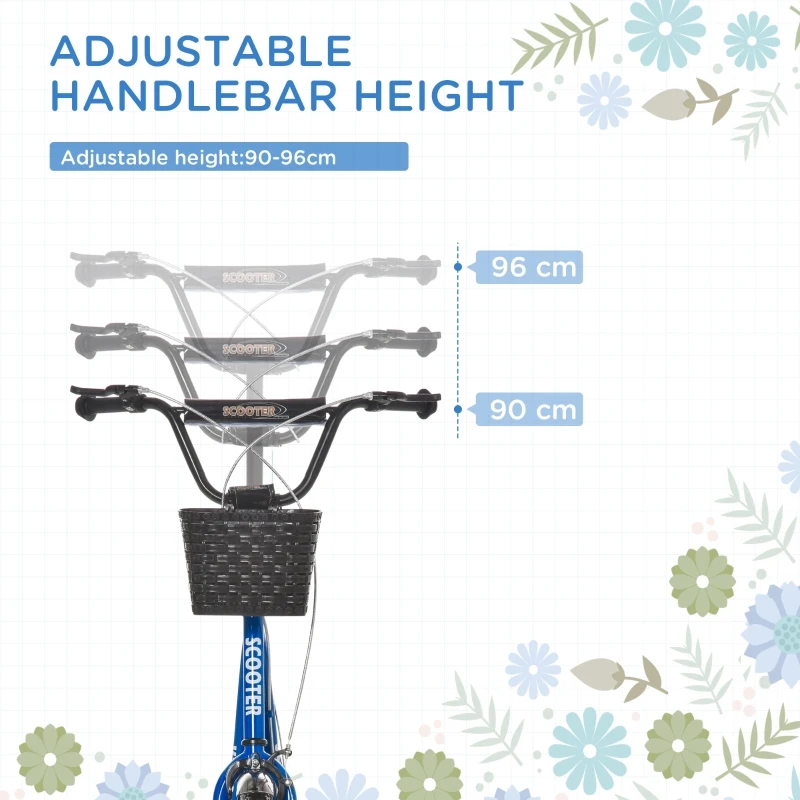 HOMCOM Kids Kick Scooter Teen Ride On Children Scooter with Adjustable Handlebar 2 Brakes Basket Cupholder Mudguard 16" Inflatable Rubber Tyres for 5-12 years old Blue