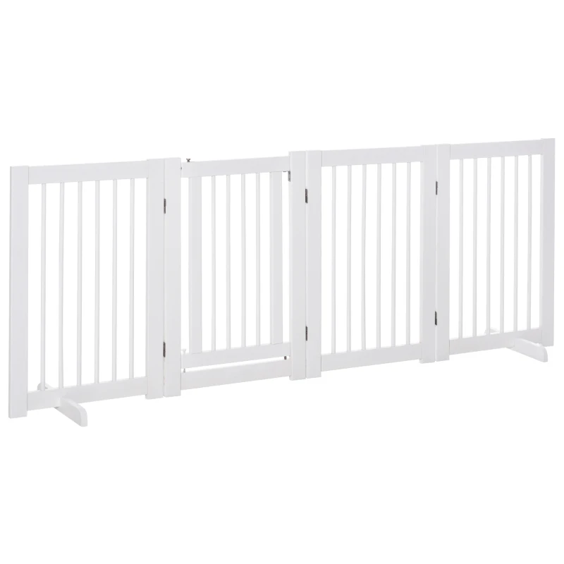 PawHut Freestanding Pet Gate 4 Panel Wooden Dog Barrier Folding Safety Fence with Support Feet Walkthrough Door up to 204cm Wide 75cm Tall for Doorway Stairs White