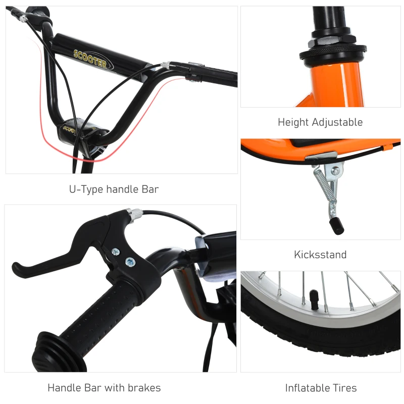 HOMCOM Youth Scooter Front and Rear Caliper Dual Brakes 16-Inch Inflatable Front Wheel Ride On Toy For Age 5+ Orange