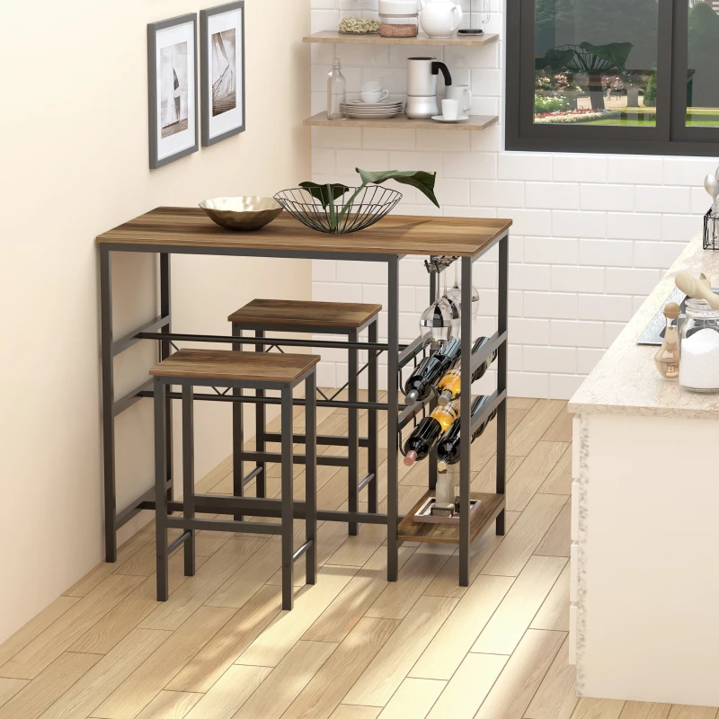 HOMCOM 3 Pieces Dining Table and Chair  Bar Bistro Set with 8-bottle Wine Rack and Cup Holder, Metal Frame for Kitchen, Dining Room, Living Room, Pub