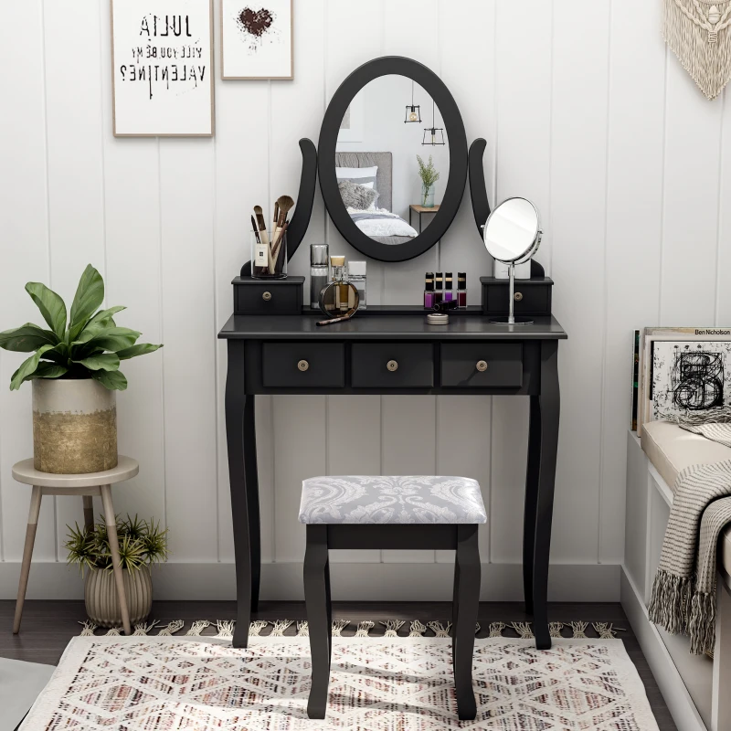 HOMCOM Dressing Table Vanity Set Vintage Desk Stool Mirror Makeup Furniture Shabby Chic Style Jewelry Cosmetic Storage w/ 5 Drawers Black