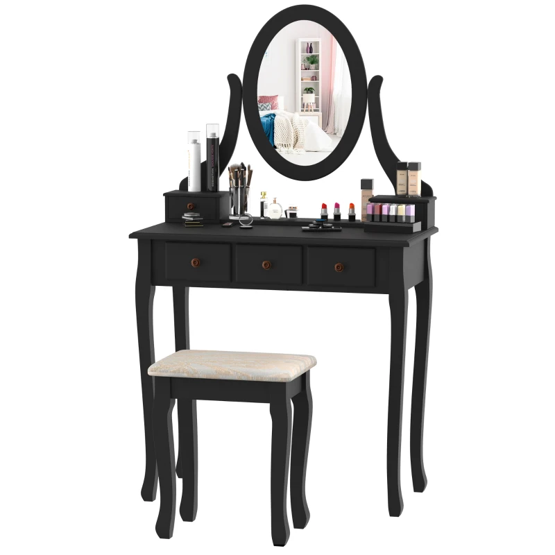 HOMCOM Dressing Table Vanity Set Vintage Desk Stool Mirror Makeup Furniture Shabby Chic Style Jewelry Cosmetic Storage w/ 5 Drawers Black
