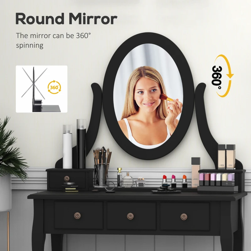 HOMCOM Dressing Table Vanity Set Vintage Desk Stool Mirror Makeup Furniture Shabby Chic Style Jewelry Cosmetic Storage w/ 5 Drawers Black