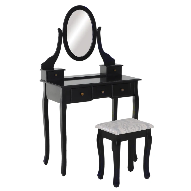 HOMCOM Dressing Table Vanity Set Vintage Desk Stool Mirror Makeup Furniture Shabby Chic Style Jewelry Cosmetic Storage w/ 5 Drawers Black
