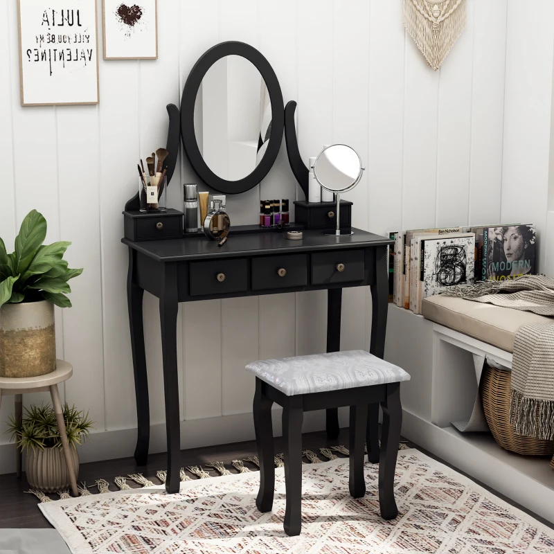 HOMCOM Dressing Table Vanity Set Vintage Desk Stool Mirror Makeup Furniture Shabby Chic Style Jewelry Cosmetic Storage w/ 5 Drawers Black