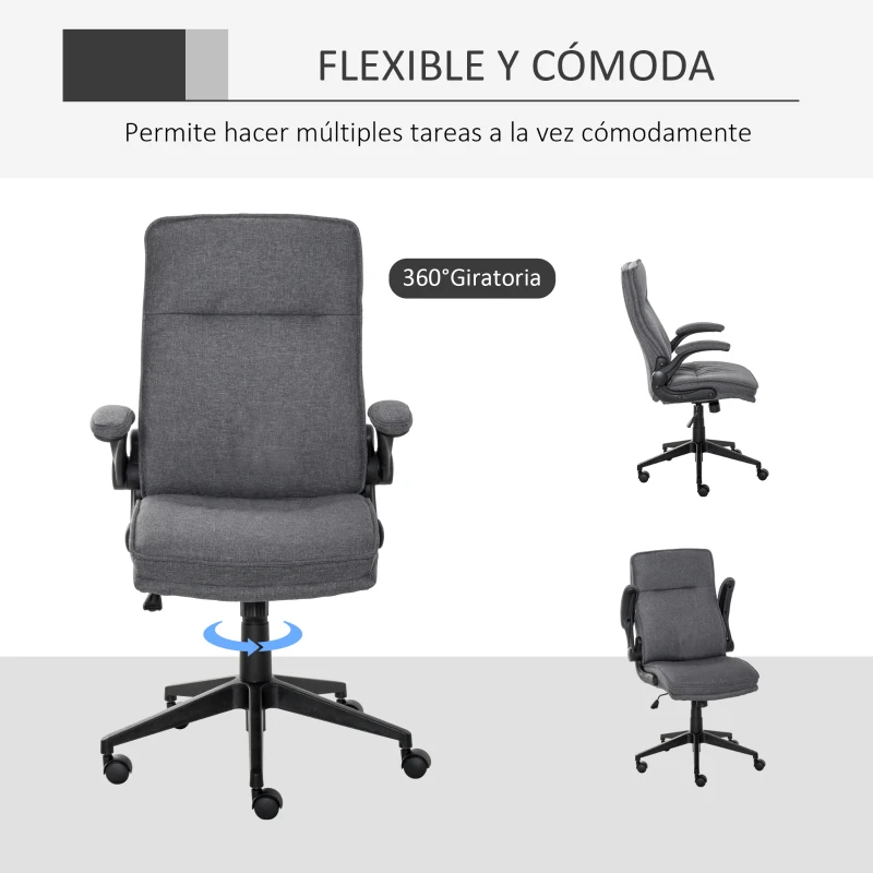 Vinsetto Silla de Oficina Ergonómica Giratorio 360° con Función Basculante Altura Ajustable y Reposabrazos Acolchado para Hogar y Oficina 67x70x108-118 cm Gris