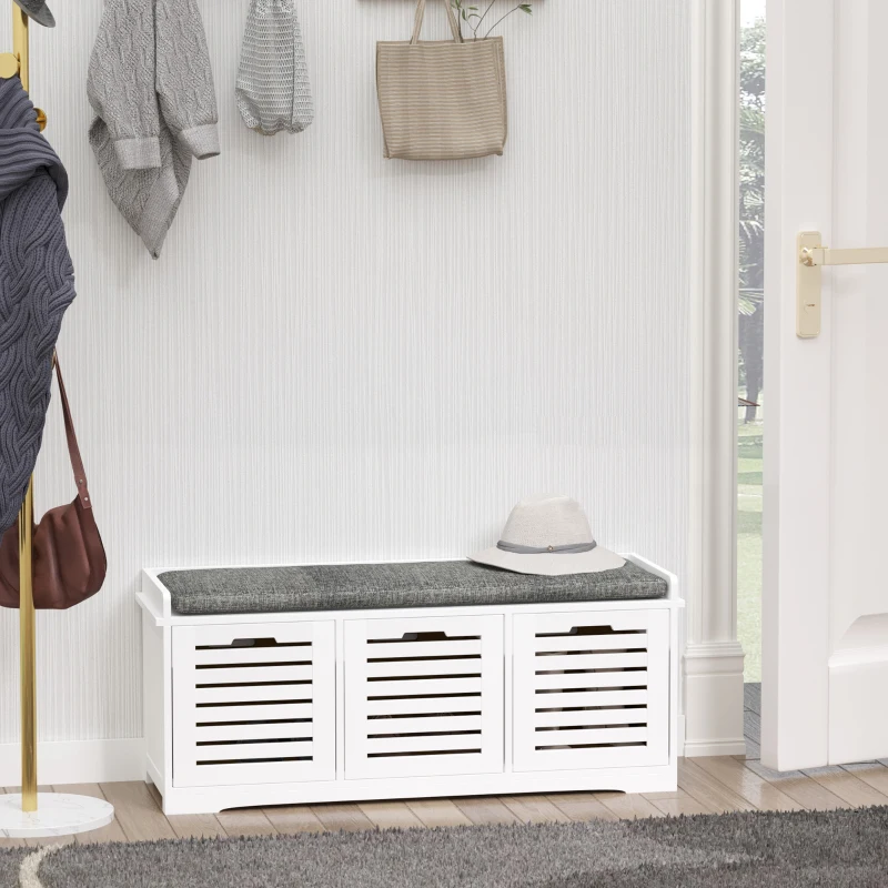 HOMCOM Upholstered Shoe Changing Bench Stool Living Room Organizer Linen Fabric Cushioned Seat Home Entryway Furniture with 3 drawer