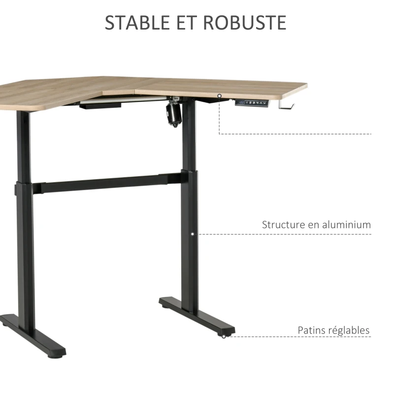 Vinsetto Bureau assis-debout électrique bureau d'angle réglable en hauteur panneaux de particules alu 167 x 101 x 72-122 cm bois naturel et noir