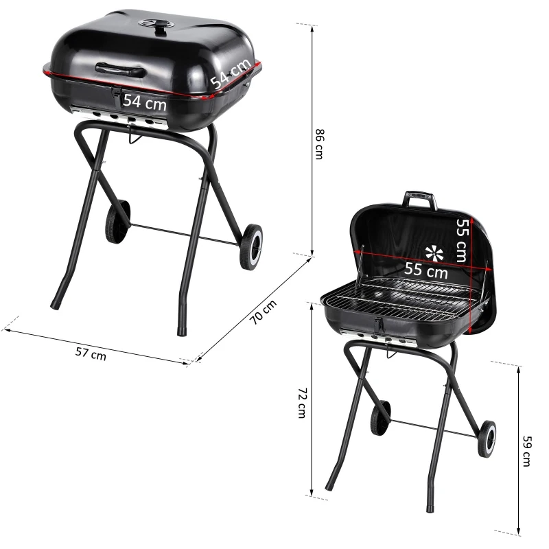 Outsunny Barbecue à Charbon Pliable BBQ Grill sur Pied avec Couvercle et roulettes dim. 57L x 70l x 86H cm Acier émaillé Noir