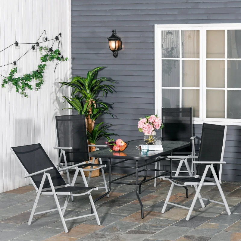 Outsunny Lot de 4 chaises de Jardin Pliantes Dossier Haut inclinable Multi-Positions accoudoirs alu. textilène Noir