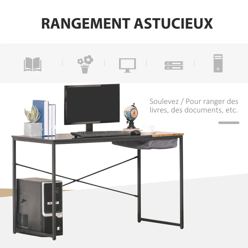 HOMCOM Bureau Design Industriel Rangement intégré châssis métal Noir Grand Plateau MDF Bicolore Noir et boisé