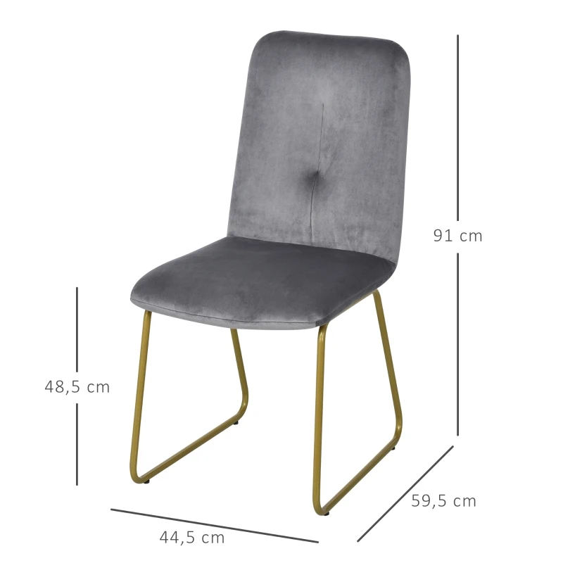 HOMCOM Lot de 2 chaises Velours Gris Pieds métal Finition dorée dim. 44,5L x 43l x 48,5H cm