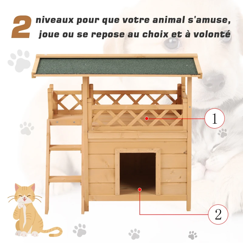 PawHut Maison lodge pour chats sauvage errants - niche villa avec terrasse, escalier, toit pour chien chat - 77 x 50 x 73 cm - naturel et vert