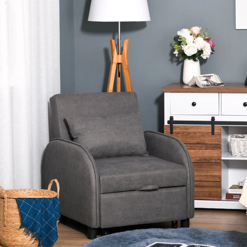 HOMCOM Fauteuil chauffeuse canapé-lit convertible 1 place dossier inclinable 3 positions coussin inclus polyester coton gris