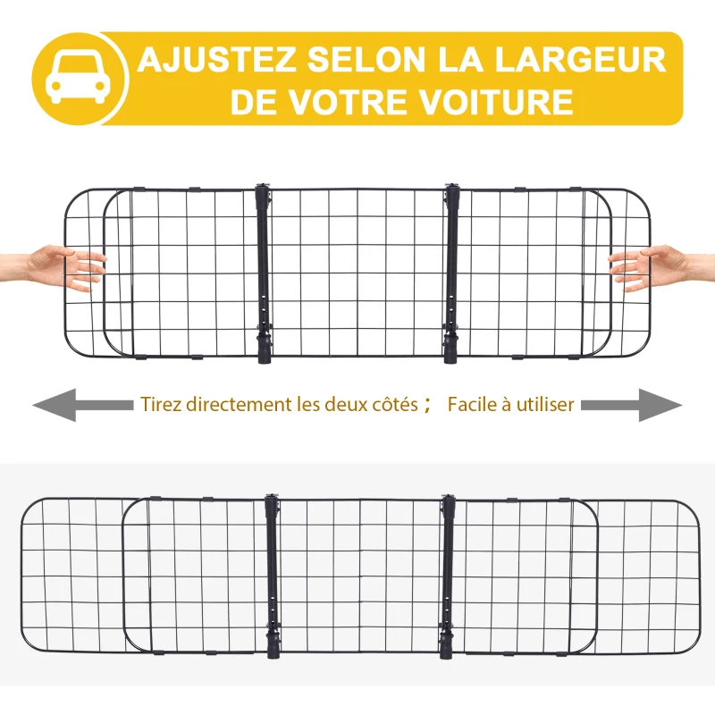 PawHut Grille de séparation voiture universelle pour chien barrière de protection animaux longueur réglable dim. 91-152L x 30H cm kit complet installation inclus métal noir