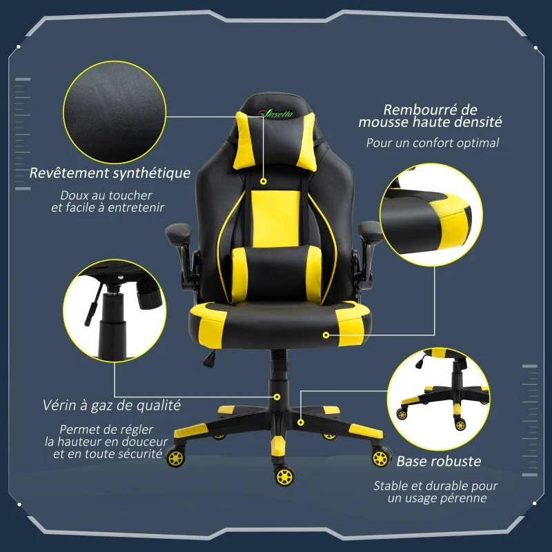 Vinsetto Fauteuil gamer chaise gaming style baquet racing fauteuil pivotant 360° basculant accoudoirs rembourrés relevables coussin lombaire tétière amovibles inclus revêtement synthétique noir jaune