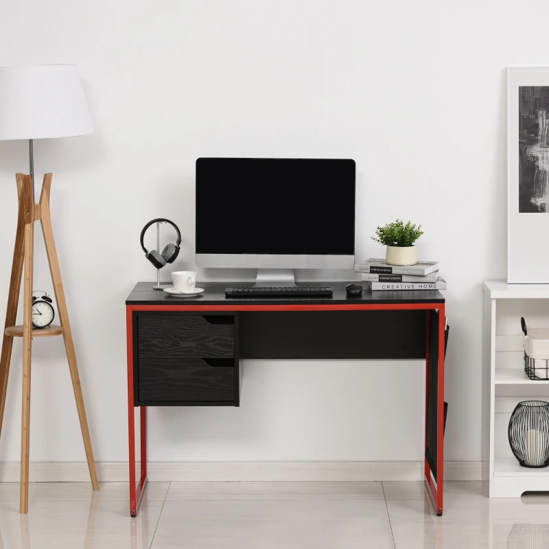 HOMCOM Bureau gaming bureau gamer bureau informatique 2 tiroirs 4 poches latérales métal rouge panneaux particules noir