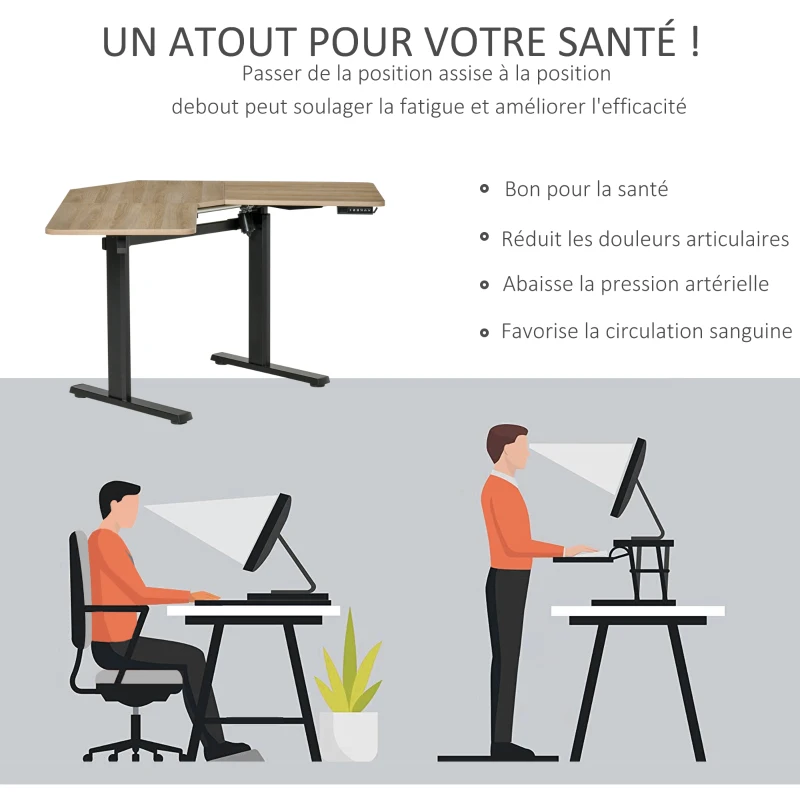 Vinsetto Bureau assis-debout électrique bureau d'angle réglable en hauteur panneaux de particules alu 167 x 101 x 72-122 cm bois naturel et noir