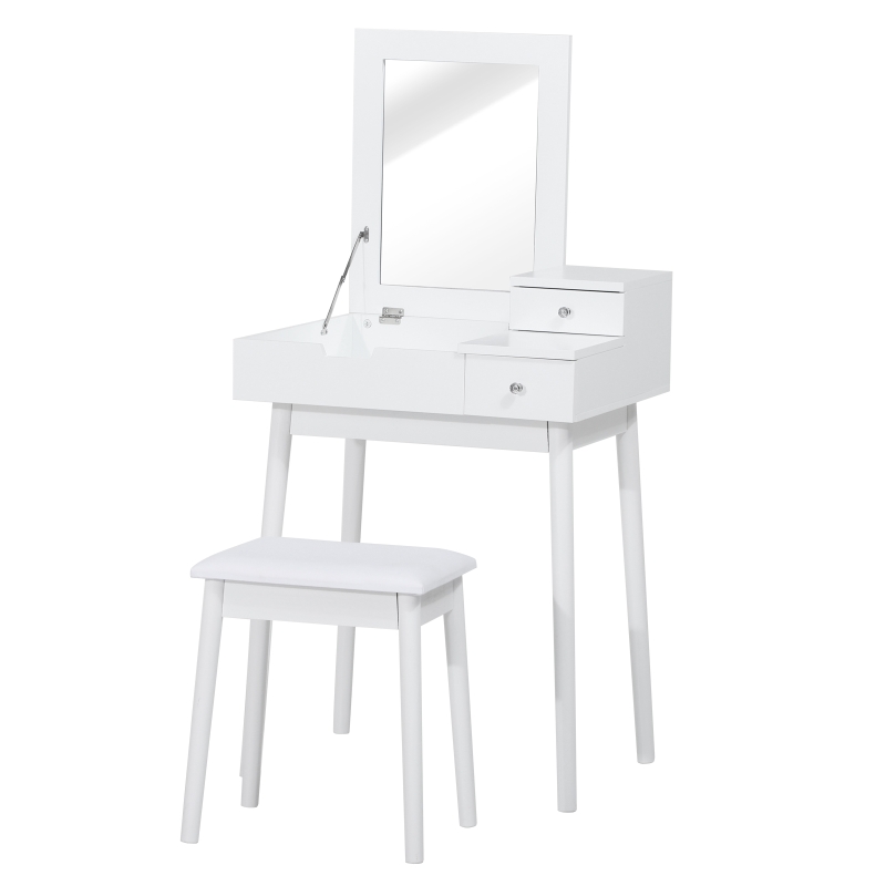 Homcom Coiffeuse table de maquillage avec tabouret miroir rabattable coffre + 2 tiroirs MDF bois massif pin blanc