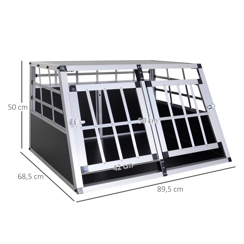 PawHut Cage de transport pour chien animaux aluminium XL caisse boîte box de transport voiture double porte verrouillable forme trapeze 89,5 x 68,5 x 50 cm argent noir