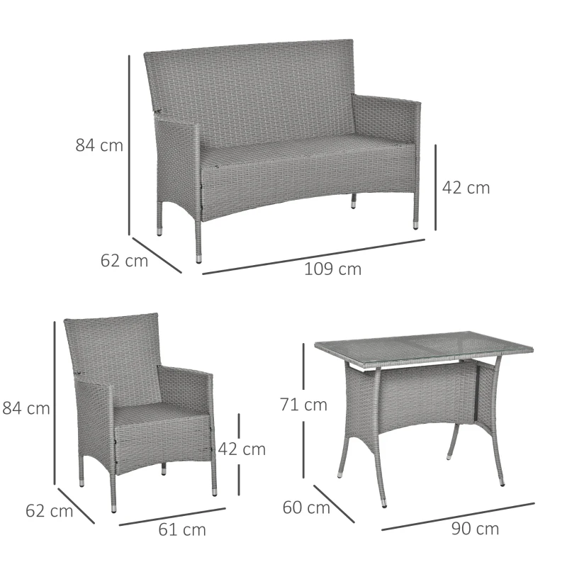 Outsunny Salon de jardin 4 places 4 pièces - canapé 2 places, 2 fauteuils, table à manger - 3 coussins inclus - résine tressée imitation rotin gris