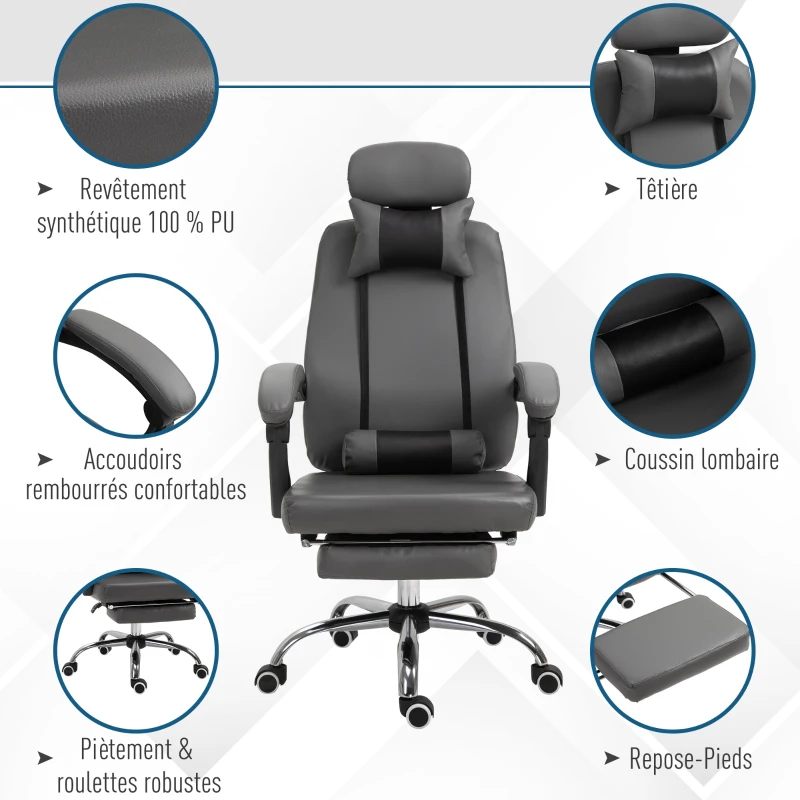 HOMCOM Fauteuil de bureau manager grand confort repose-pied tétière + coussin lombaires intégrés dossier inclinable revêtement revêtement synthétique gris foncé