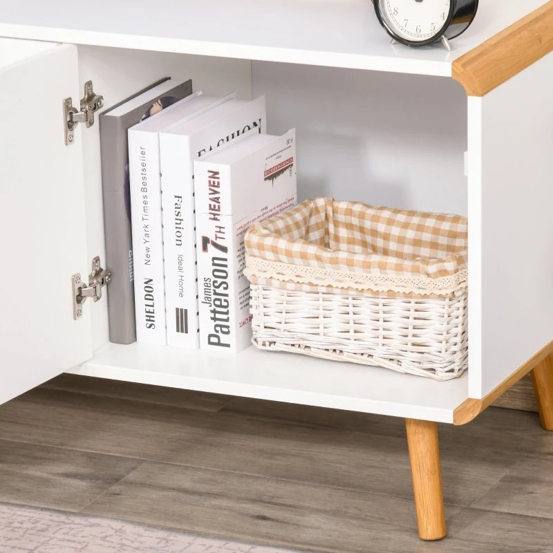 HOMCOM Meuble TV Bas sur Pieds Style scandinave 2 tiroirs et Placard MDF Blanc Bois Massif Bambou