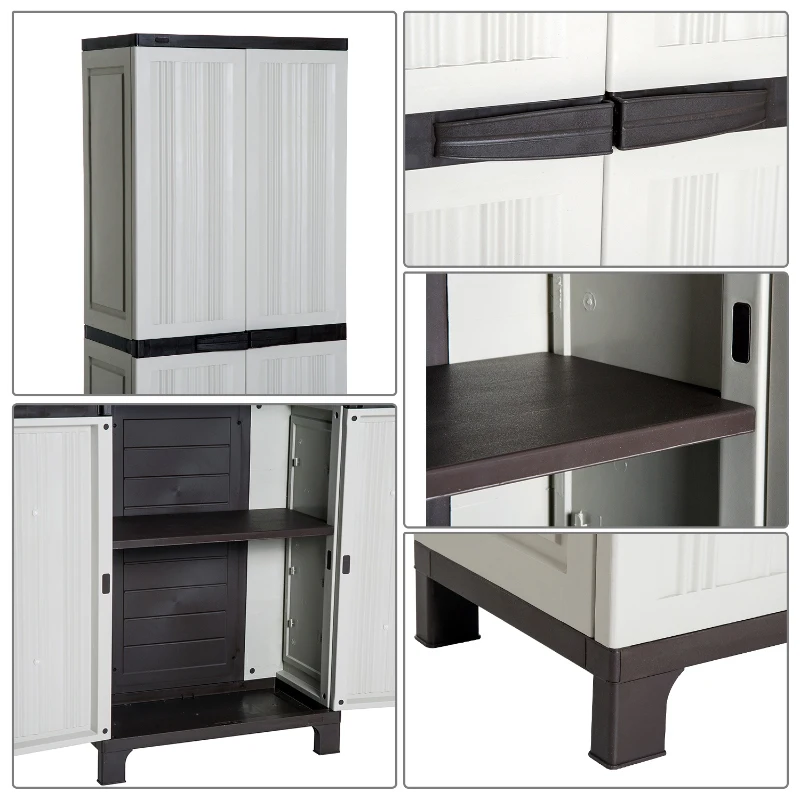 Outsunny Armoire de Jardin Armoire Haute Multi-rangements 2 Portes 3 étagères réglables en Hauteur 65L x 37l x 172H cm Gris Clair Chocolat