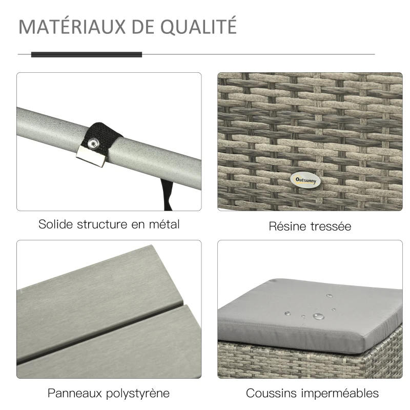 Outsunny Ensemble salon de jardin 4 places : canapé, 2 poufs et table basse relevable coussins résine tressée imitation rotin gris