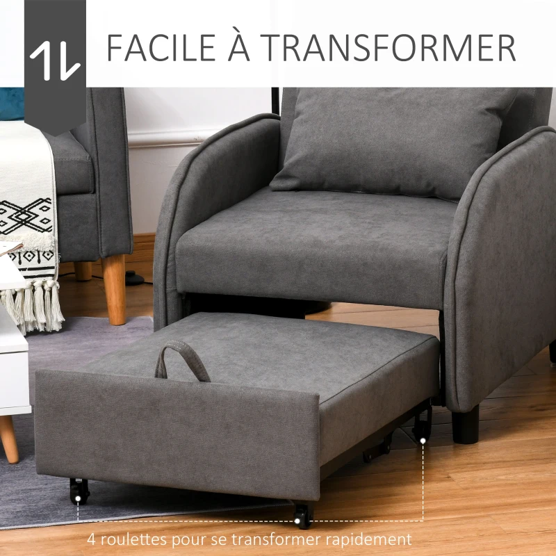 HOMCOM Fauteuil chauffeuse canapé-lit convertible 1 place dossier inclinable 3 positions coussin inclus polyester coton gris