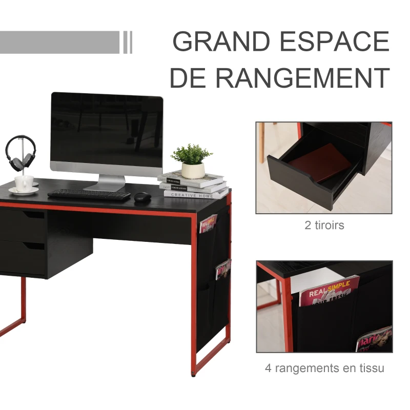 HOMCOM Bureau gaming bureau gamer bureau informatique 2 tiroirs 4 poches latérales métal rouge panneaux particules noir