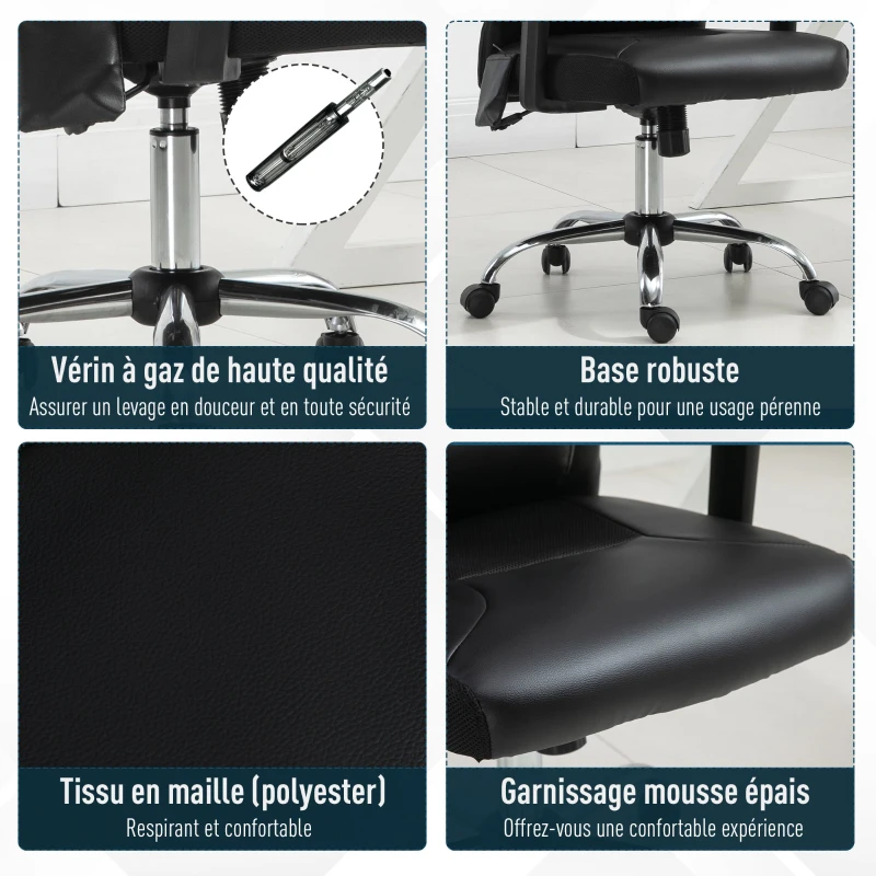 HOMCOM Fauteuil de bureau manager massant - assise dossier ergonomique - coussin lombaires & têtière - maille PU noir