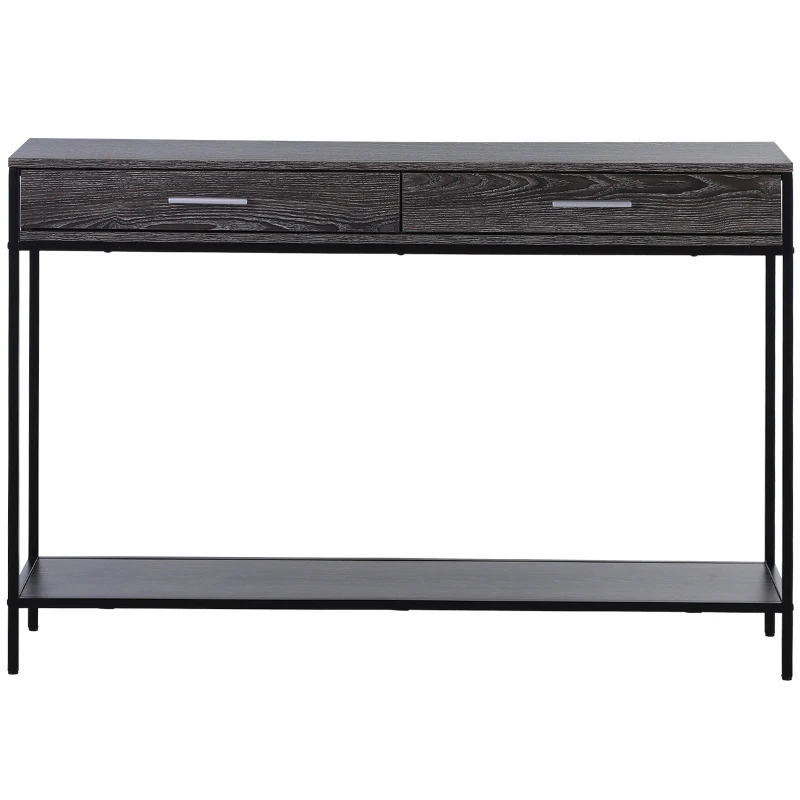 HOMCOM Console Table Worktop Bottom Shelf Home Two Drawer Industrial Minimal Style Grey Wood Tone Effect