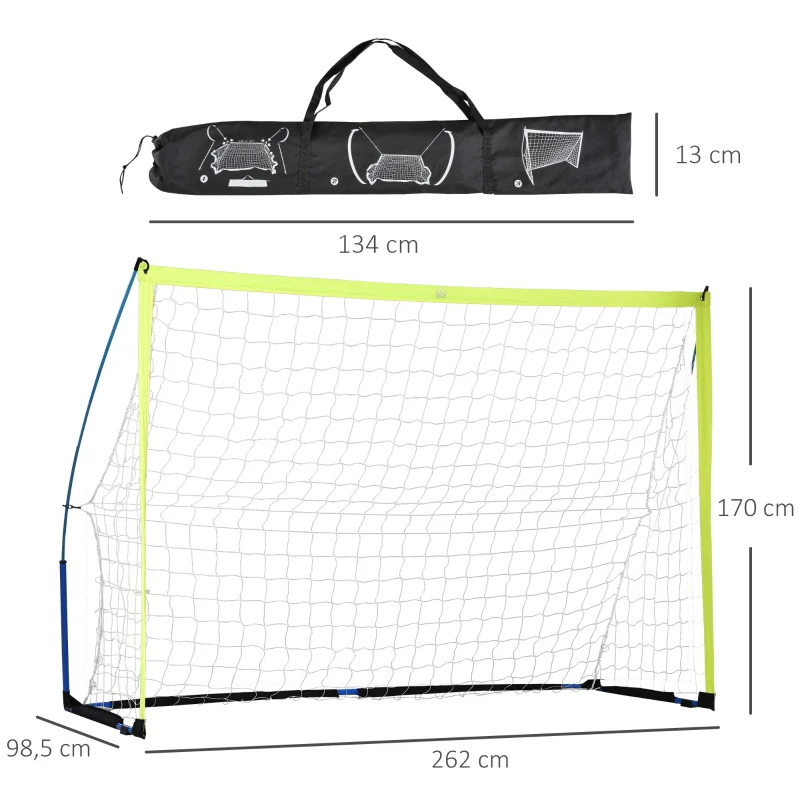 HOMCOM But de football adultes enfants cage de foot but d'entrainement avec filet PE châssis métal époxy fibre en verre piquets d'encrage sac de transport inclus 262 x 98,5 x 170 cm multicolore