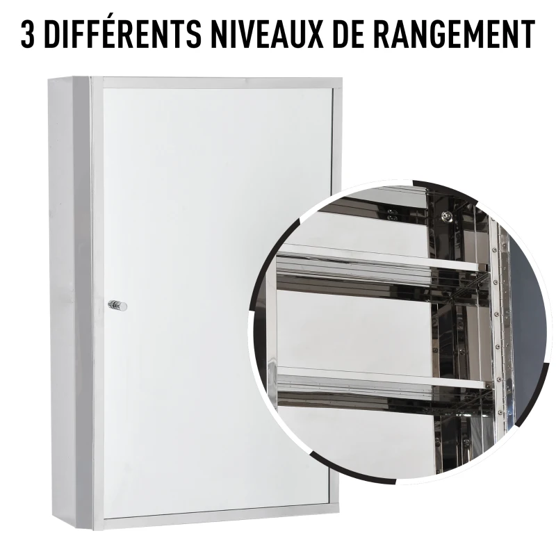 HOMCOM Armoire miroir murale de salle de bain acier inoxydable 3 niveaux de rangement 50L x 13l x 40H cm