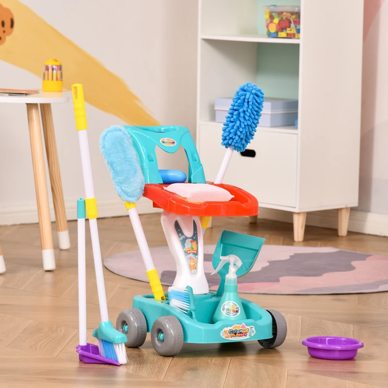 HOMCOM Jeu d'imitation Chariot de Nettoyage Enfant - Chariot de ménage Enfant - Total 22 Accessoires variés - ABS PP Bleu Rouge Blanc