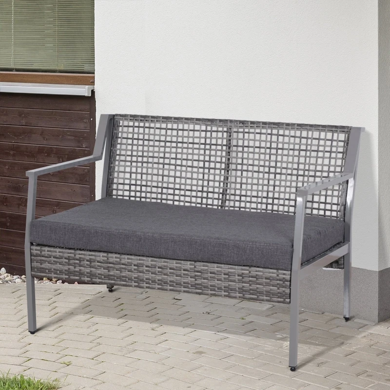 Outsunny Banc de jardin design contemporain 2 places dim. 118L x 75l x 79H cm coussin inclus alu. résine tressée polyester gris