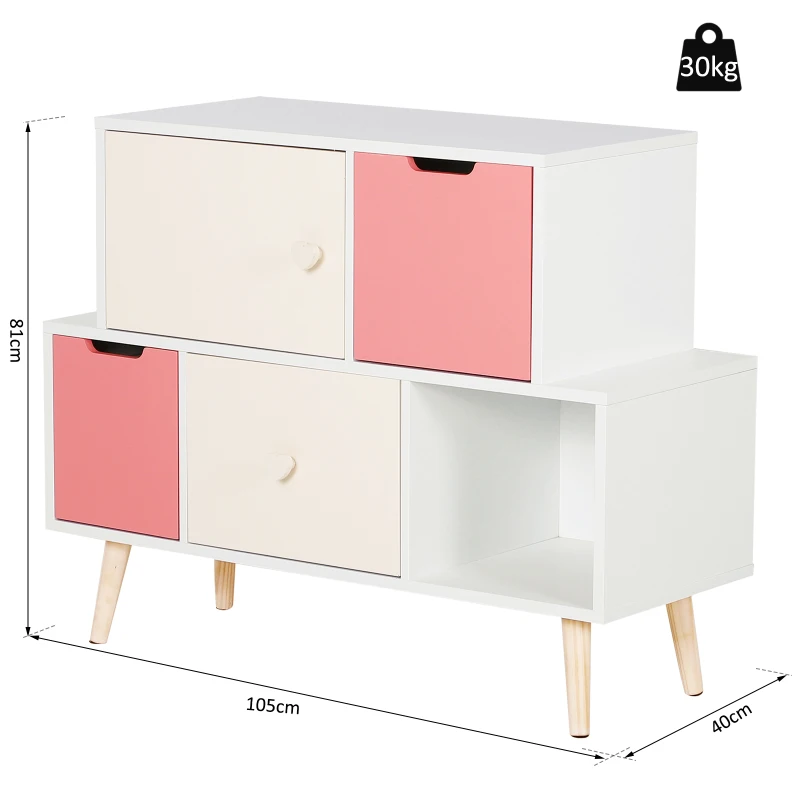 HOMCOM Meuble de rangement pour enfant - commode scandinave - 3 tiroirs - placard - niche - dim. 105L x 40l x 81H cm - MDF blanc rose bois massif pin