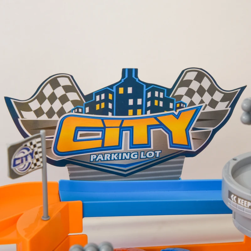 HOMCOM Garage Parking Voitures Enfant - 3 Niveaux, 6 Voitures, Ascenseur, rampes en Spirale, 15 Places stationnement - PP ABS Orange Gris Bleu