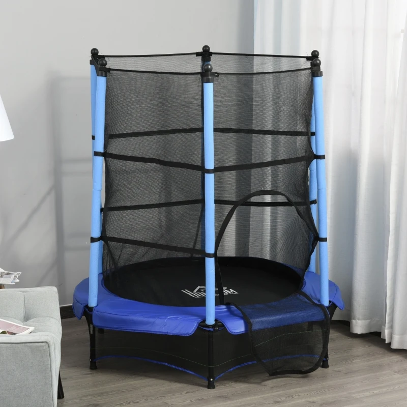 HOMCOM Trampoline Enfant Ø 1,40 × 1,58H m Filet de sécurité Porte zipée Couvre-Ressorts 6 poteaux rembourrés Inclus Bleu