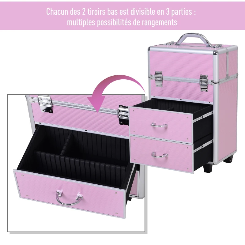 HOMCOM Valise trolley maquillage malette cosmétique vanity poignée télescopique réglable 36L x 23l x 58H cm alu rose