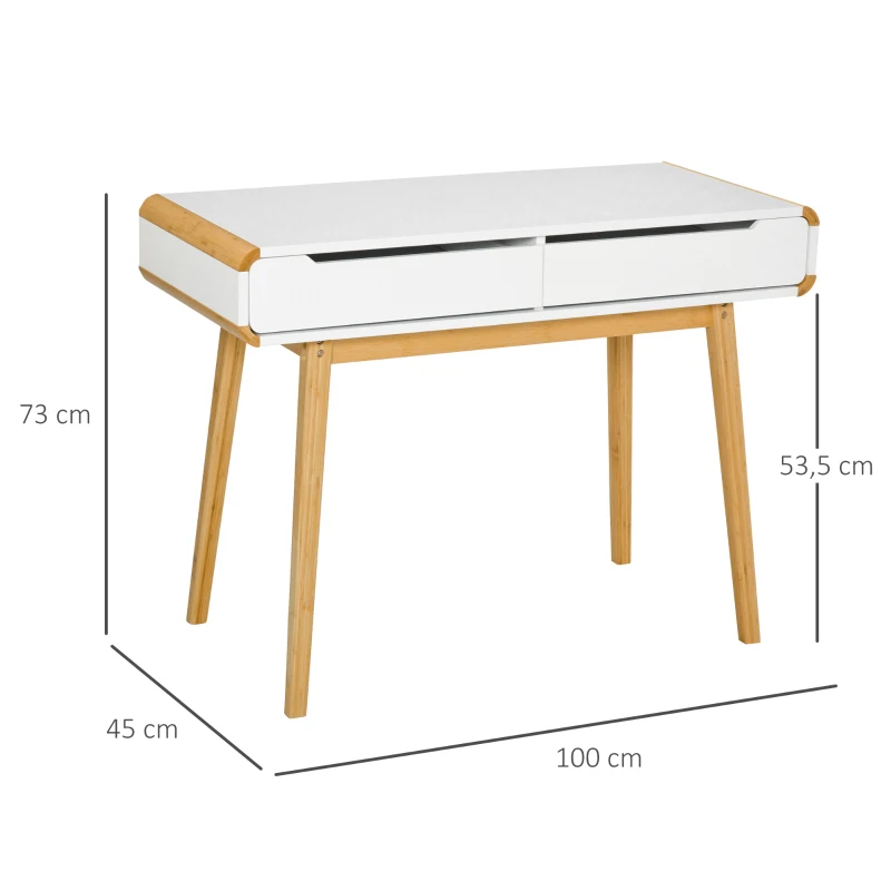 HOMCOM Bureau secrétaire Style scandinave dim. 100L x 45l x 73H cm 2 Grands tiroirs MDF Blanc Bois Massif Bambou