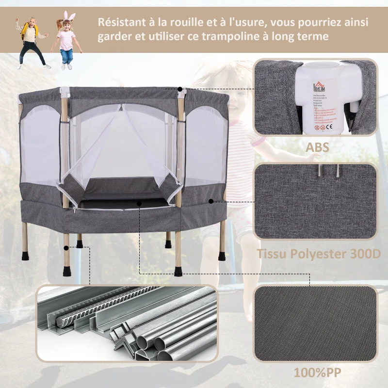 HOMCOM Trampoline Enfant dim. 126L x 109l x 98H cm Filet de sécurité Porte zipée Couvre-Ressorts Inclus Gris